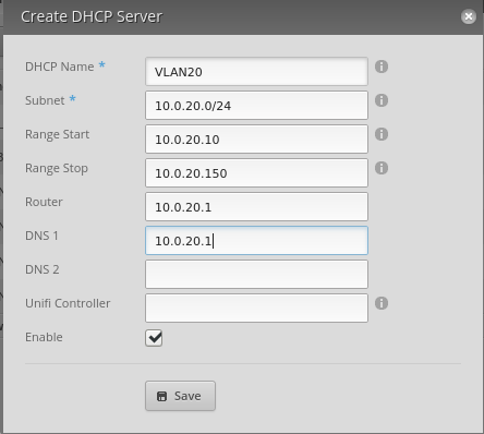 add dhcp server vlan20